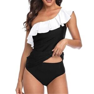 Younique Black and White Ruffle One-Piece Swimsuit Sz M